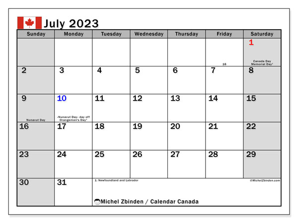 Kalender juli 2023, Canada (EN). Gratis printbaar schema.