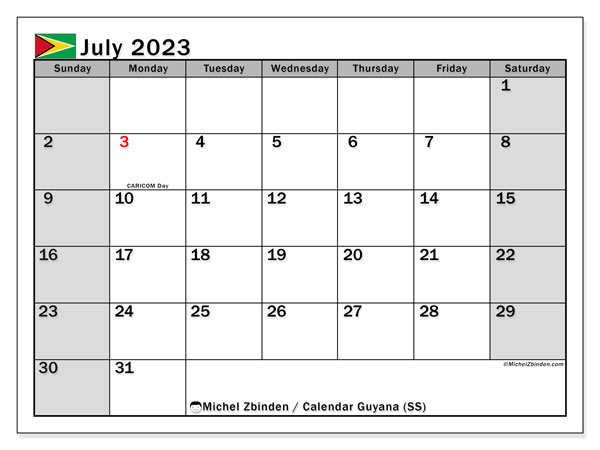 Printable calendar, July 2023, Guyana (SS)