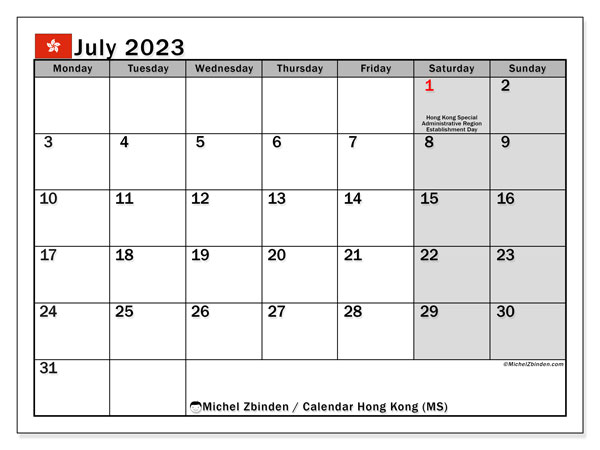 Kalender juli 2023, Hong Kong (EN). Gratis kalender som kan skrivas ut.