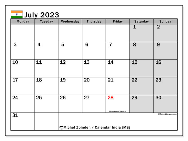 Printable calendar, July 2023, India (MS)