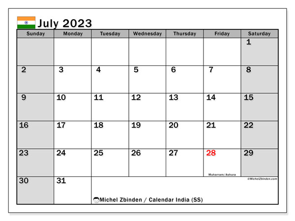 Printable calendar, July 2023, India (SS)