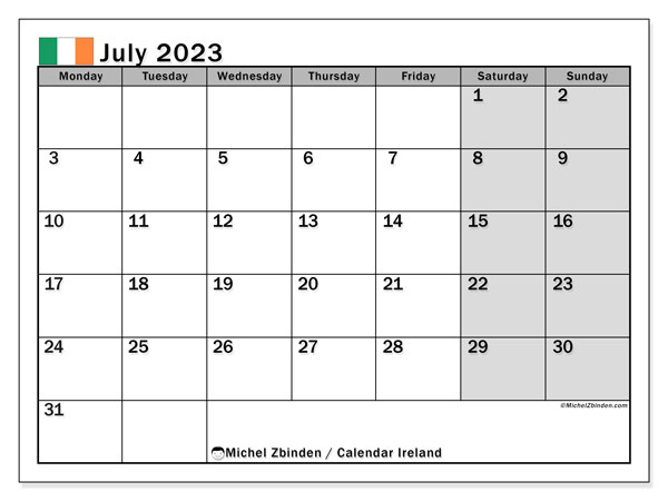 Kalender juli 2023, Irland (EN). Gratis kalender som kan skrivas ut.