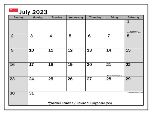 Kalender juli 2023, Singapore (EN). Gratis kalender som kan skrivas ut.