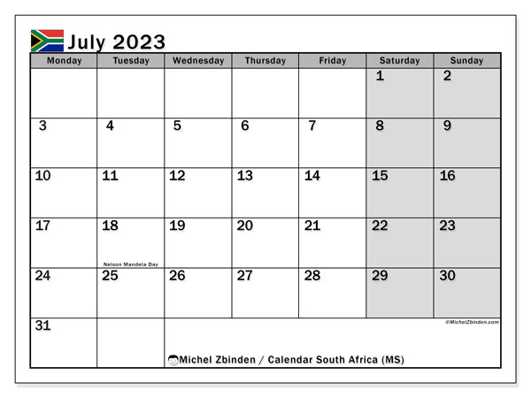 South Africa (MS), calendar July 2023, to print, free of charge.