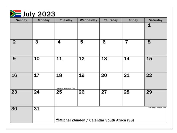 Kalender juli 2023, Sydafrika (EN). Gratis program til print.