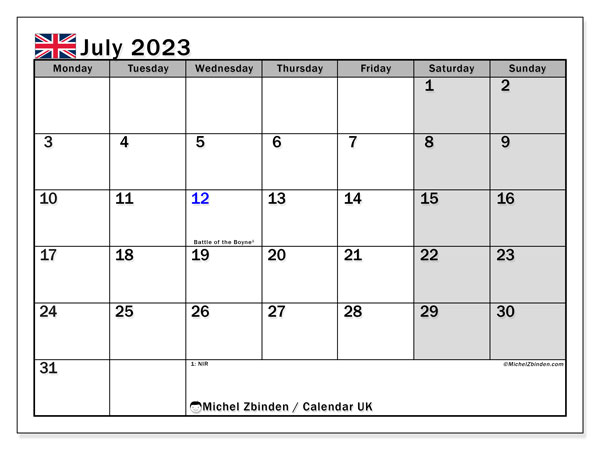 Kalender juli 2023, Storbritannien (EN). Gratis kalender som kan skrivas ut.