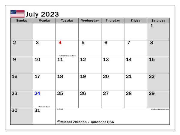 Kalender juli 2023, USA (EN). Gratis kalender som kan skrivas ut.