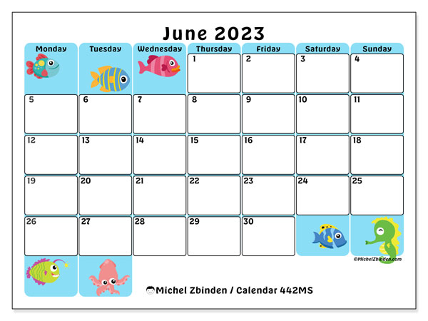 Calendar 442MS, June 2023, to print, free. Free timetable to print