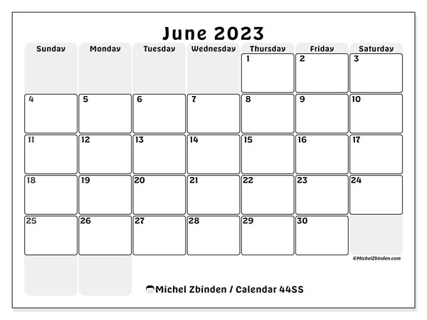 Calendar June 2023, 44SS. Free printable schedule.