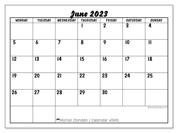 Printable calendar, June 2023, 45MS