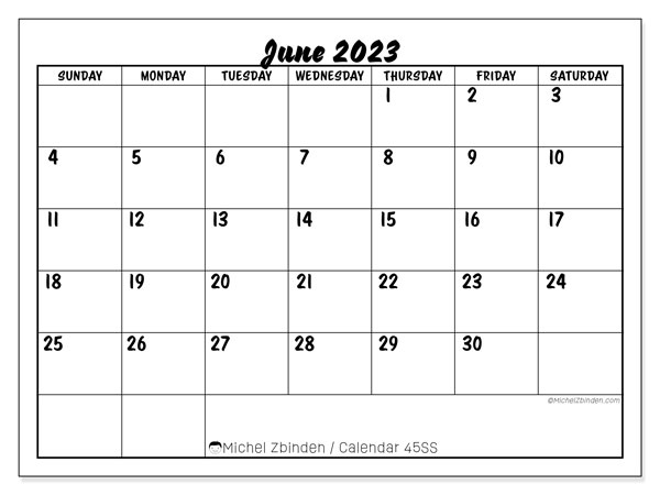 Printable calendar, June 2023, 45SS
