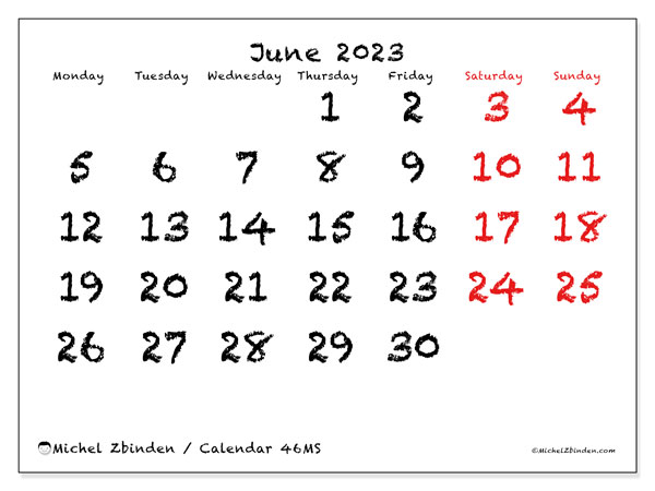 Printable calendar, June 2023, 46MS
