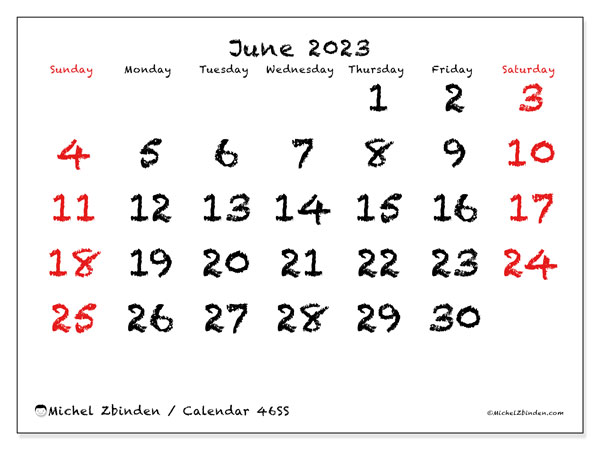 Calendar June 2023, 46SS. Free printable calendar.
