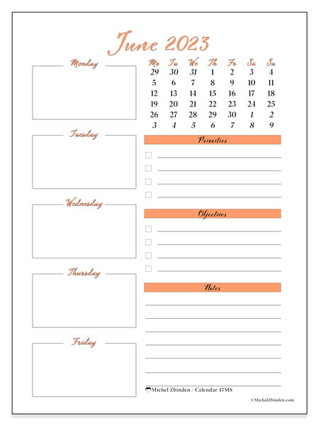 Calendar June 2023 “47”. Free printable schedule.. Monday to Sunday