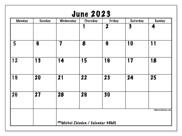 Calendar June 2023, 48MS. Free printable program.