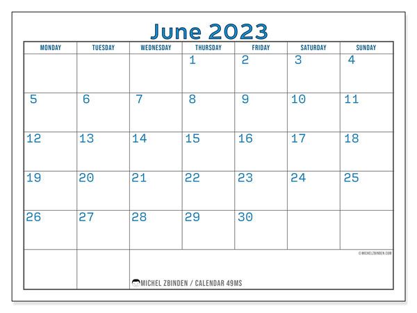 Printable calendar, June 2023, 49MS