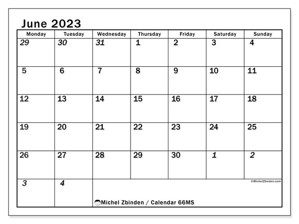 Printable calendar, June 2023, 501MS