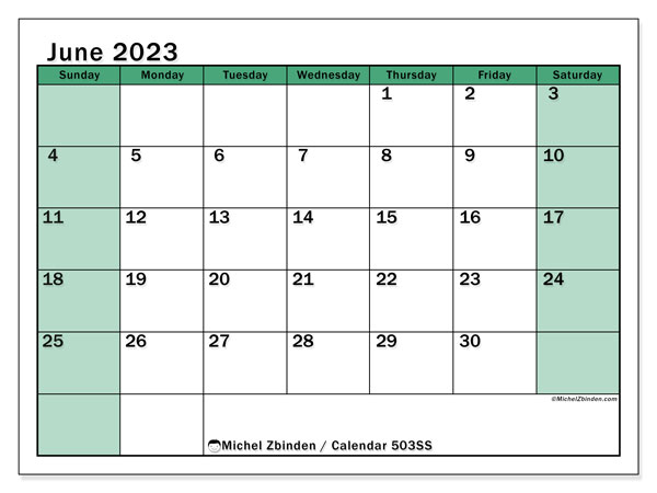 Printable calendar, June 2023, 503SS