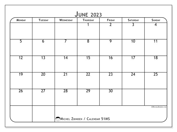 Printable calendar, June 2023, 51MS