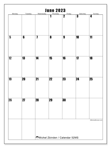 Printable calendar, June 2023, 52MS