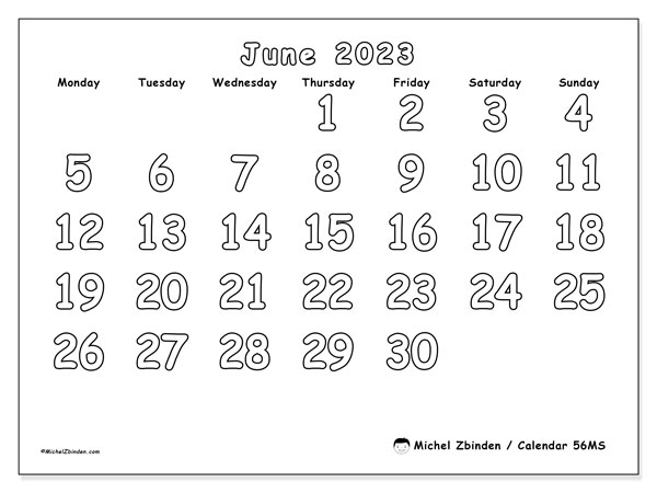 Printable June 2023 calendar. Monthly calendar “56MS” and free agenda to print