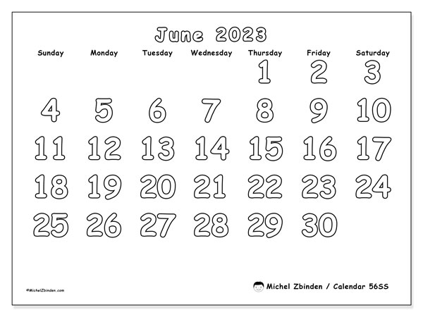 Printable calendar, June 2023, 56SS