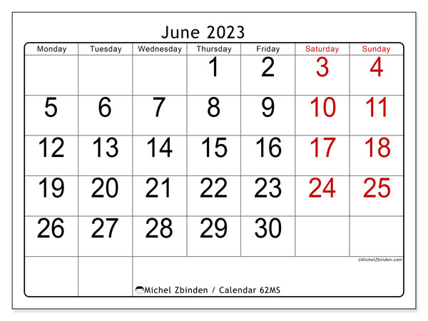 Printable calendar, June 2023, 62MS