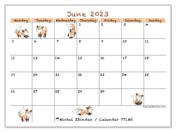 Printable calendar, June 2023, 771MS