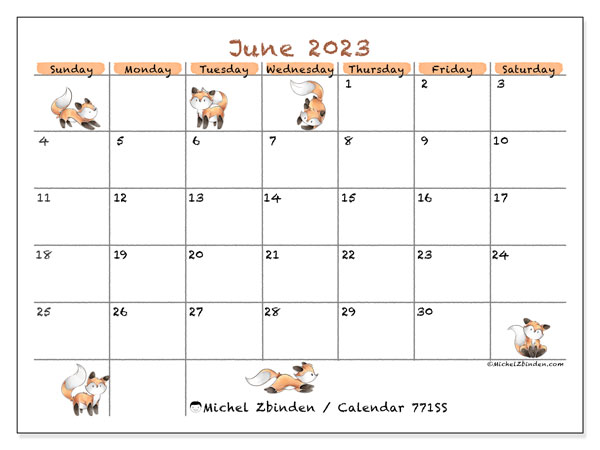 Calendar June 2023 “771”. Free printable program.. Sunday to Saturday