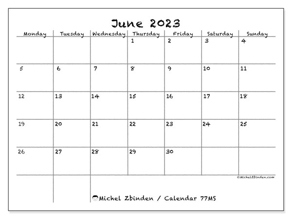 Printable June 2023 calendar. Monthly calendar “77MS” and free agenda to print