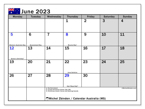 Printable calendar, June 2023, Australia (MS)
