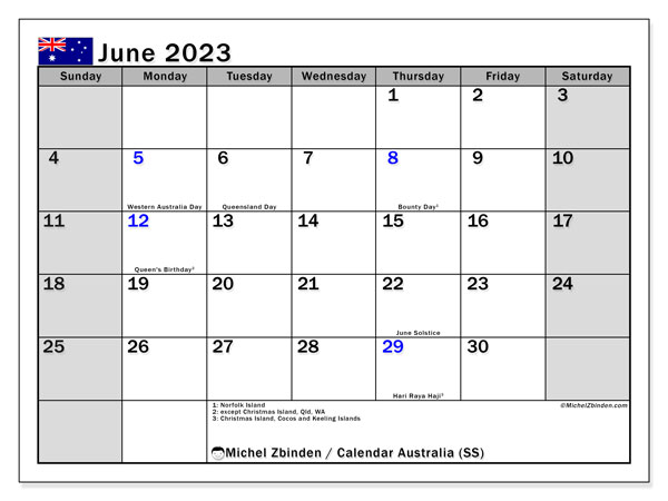 Printable calendar, June 2023, Australia (SS)