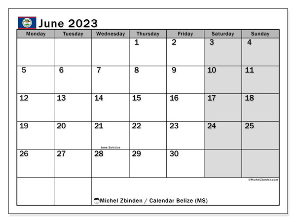 Calendario junio 2023, Belice (EN). Diario para imprimir gratis.