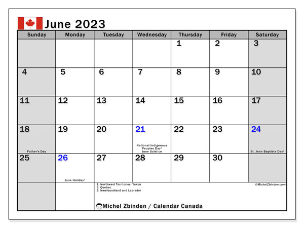 Calendario junio 2023, Canadá (EN). Diario para imprimir gratis.