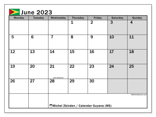 Calendario junio 2023, Guyana (EN). Diario para imprimir gratis.