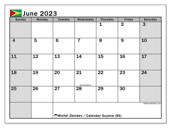 Printable calendar, June 2023, Guyana (SS)