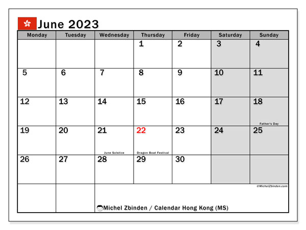 Printable calendar, June 2023, Hong Kong (MS)