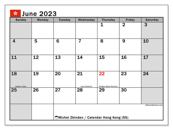 Printable calendar, June 2023, Hong Kong (SS)