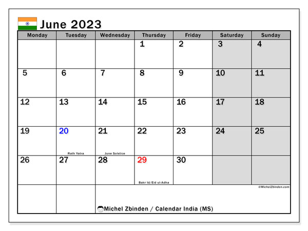 Printable calendar, June 2023, India (MS)