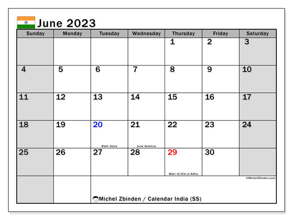 Printable calendar, June 2023, India (SS)