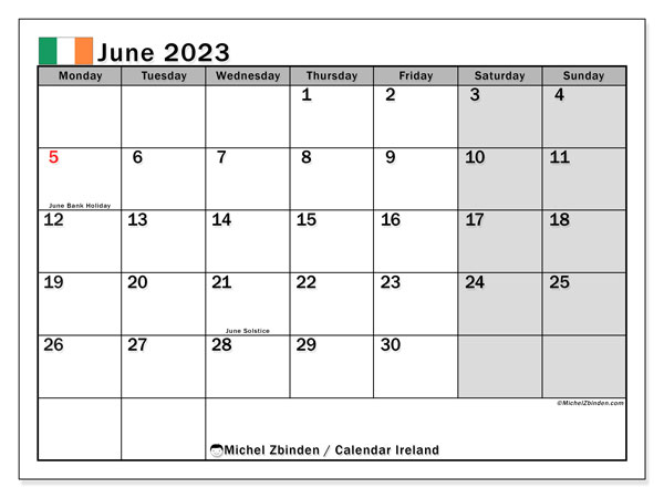 Calendário Junho 2023, Irlanda (EN). Horário gratuito para impressão.