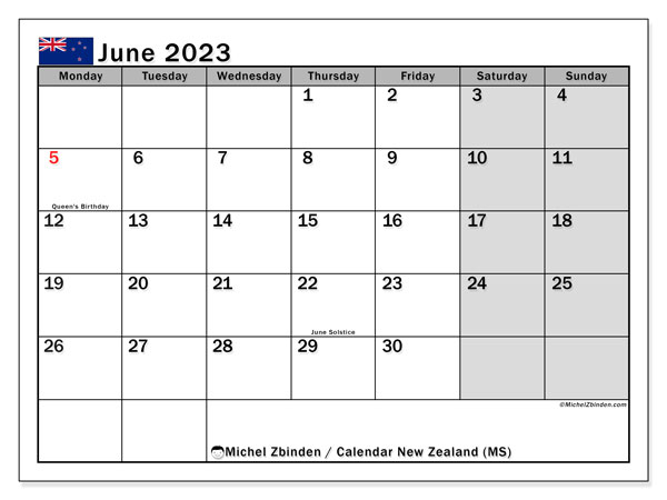 Calendario junio 2023, Nueva Zelanda (EN). Diario para imprimir gratis.