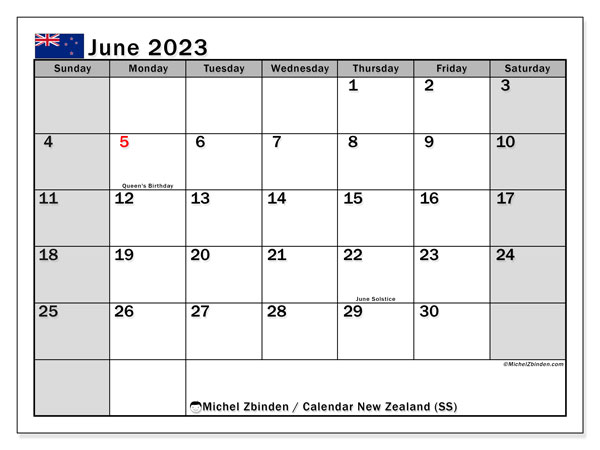 Printable calendar, June 2023, New Zealand (SS)