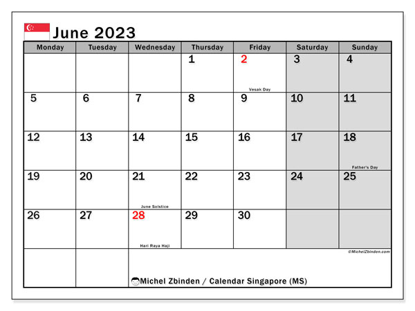 Singapore (MS), calendar June 2023, to print, free of charge.