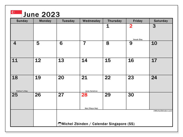 Kalender juni 2023, Singapore (EN). Gratis kalender som kan skrivas ut.