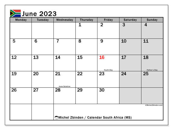 Printable calendar, June 2023, South Africa (MS)