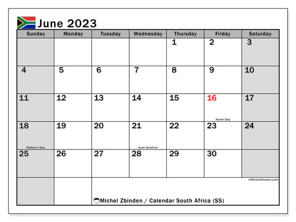 Calendario junio 2023, Sudáfrica (EN). Diario para imprimir gratis.