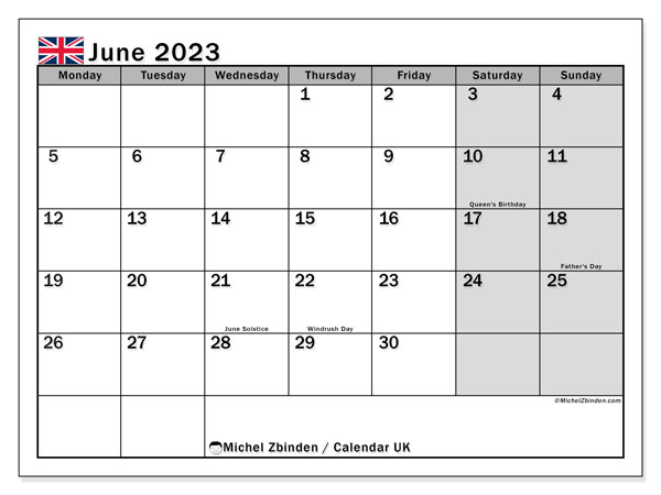 Printable calendar, June 2023, United Kingdom