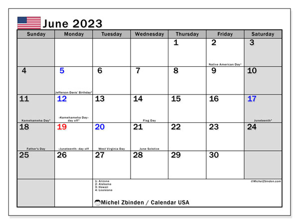 Kalenteri kesäkuu 2023, Yhdysvallat (EN). Ilmainen tulostettava kalenteri.