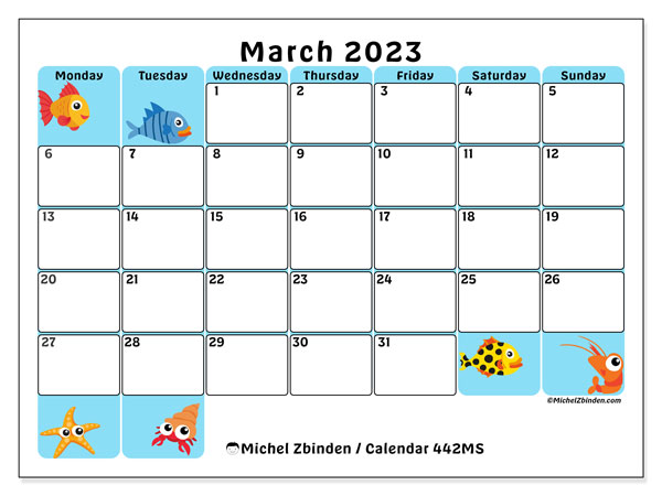 Printable calendar, March 2023, 442MS